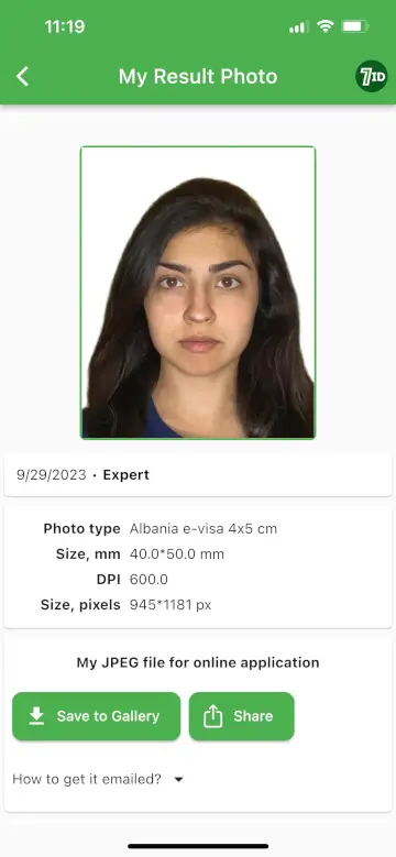 7ID App: Albania Visa Photo Sample