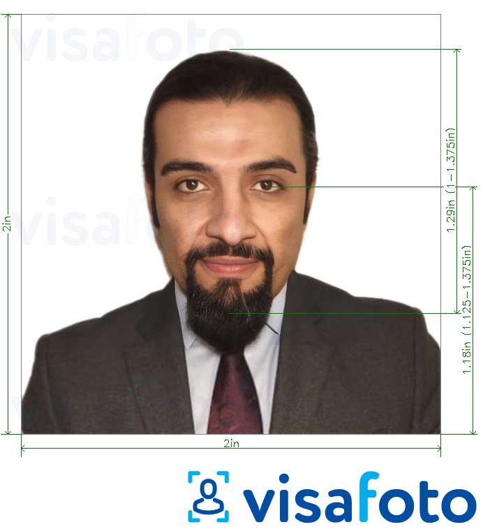  کی تصویر کی مثال شام کے پاسپورٹ 2x2 انچ (5 ایکس 5 سینٹی میٹر، 51x51 ملی میٹر) سائز کی تفصیلات كے مطابق بنائی گئی ،  